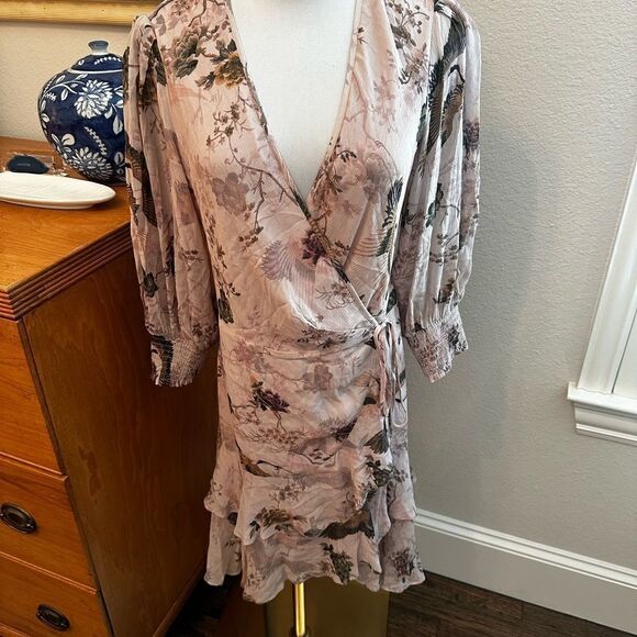 NWT AllSaints Ari Peggy Floral Print Wrap Dress in Dusty Pink-U3 - Picture 5 of 8